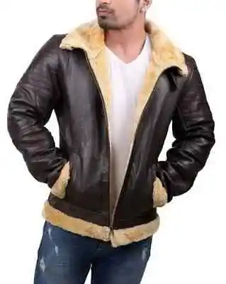 Mens RAF Aviator Pilot B3 Bomber Shearling Leather Jacket In Brown Color/fur • $151.99