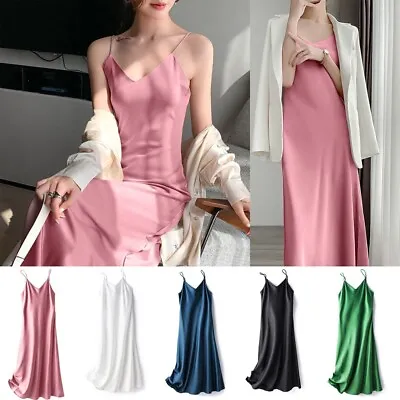 $22.70 • Buy Womens Satin Silk Sleeveless Slip Dress Ladies V-Neck Party Cocktail Midi Dress