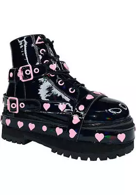 YRU SHOES Slayr Bndg Heart [Black Hologram/Pink] | PLATFORM BOOTS* Gothic • $280.95