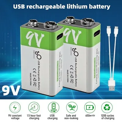2 X 9V 650mAh USB Type-C Rechargeable Lithium-Ion Li-Ion Battery + Cable Charger • £14.15