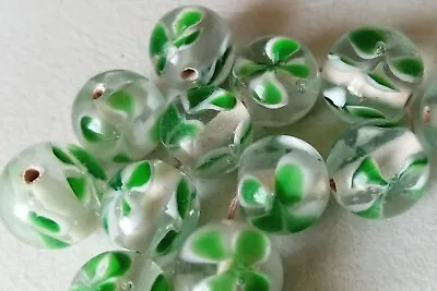 10 Handmade 12mm - 14mm Indian  Lampwork Glass Beads Green White Floral Artwork • £1.99