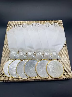 Vintage Mother Of Pearl Capiz Shell Placemat Coaster Embroidered Napkin Set Of 6 • $58.79