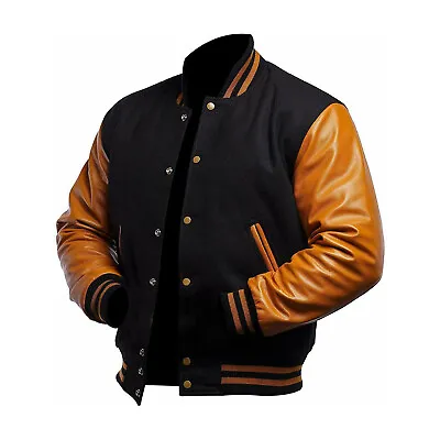 Varsity Letterman Bomber Jacket Men Black Wool & Brown Genuine Leather Sleeves • $119.99