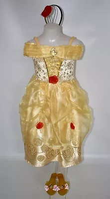 Girls Princess Belle Costume Gold Yellow Disney Fancy Dress Shoes Headpiece 4-5 • £14.99