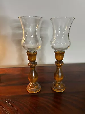 Pair Of Vintage Wood Candlestick Holder Clear Glass Hurricane Globes • $16