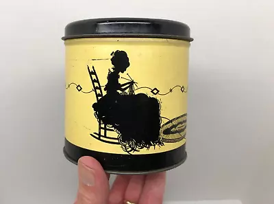 Vintage Tin Metal Can Yarn String Holder - Lady Knitting With Cat • $9.50