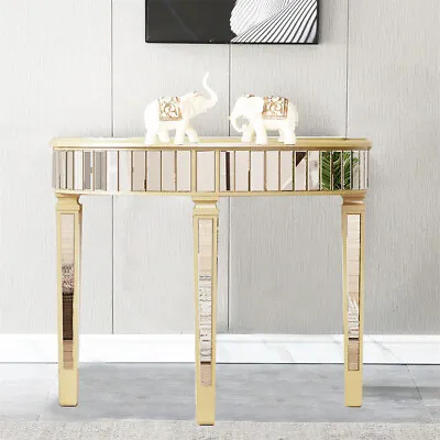 Demilune Mirrored Console Table Silver Tabletop &Golden Rim Entrance Foyer Table • £169.96