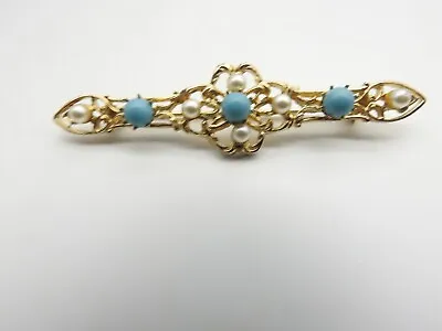 Off White Faux Pearl Blue Bead Gold Tone Open Work Metal Bar Brooch Vintage • $12.77