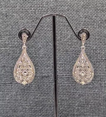 Vtg 925 Silver Signed K Art Deco Style Teardrop Marcasite Post Dangle Earrings  • $39.99