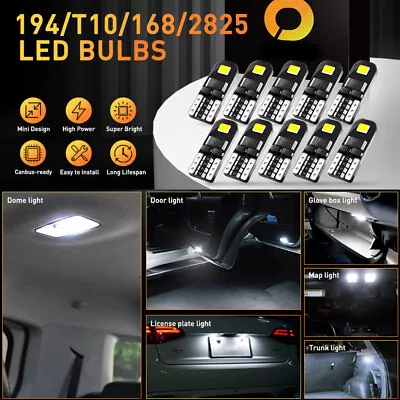 10X 168 W5W T10 Interior Map Dome License Plate Lights LED Bulbs White 2825 194 • $7.99