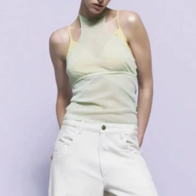 $8 • Buy ZARA Woman COMBINATION TULLE MESH Cut Out  HALTER TOP Green & Yellow  M