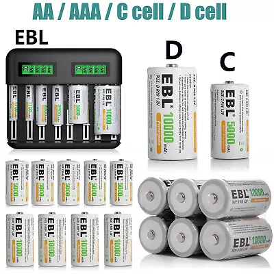 EBL Size C D Cell Rechargeable Batteries NI-MH 1.2V Battery / LCD Charger Lot • $14.99