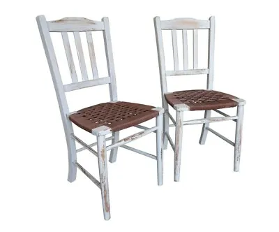 Pair Of Antique Distressed Painted Woven Seated Church Chairs - Reclaimed Seats • £40