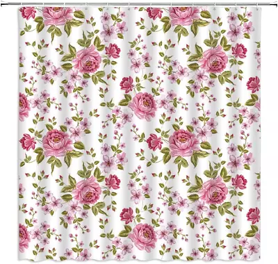 Vintage Floral Shower Curtain Watercolor Pink Flower Green Leaves Romantic Moder • $25.91