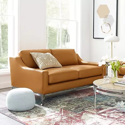 Modway Harness 64  Leather Loveseat In Tan With Stainless Steel Base • $1136.49