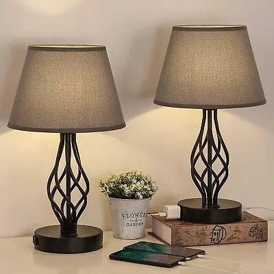 Modern Set Of 2 Bedside Lamps W/Dual USB Port Nightstand Table Lamps W/AC Outlet • $42.99