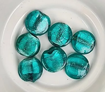 HANDMADE LAMPWORK SILVER FOIL BLUE COIN SHAPE GLASS BEADS Murano Style Teal • $7.99