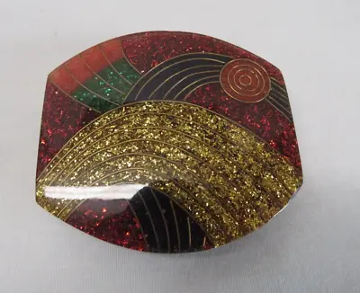 Vintage Abstract Art Brass Wire Red Gold Black Green Glitter Lucite Scarf Slide • $9.99