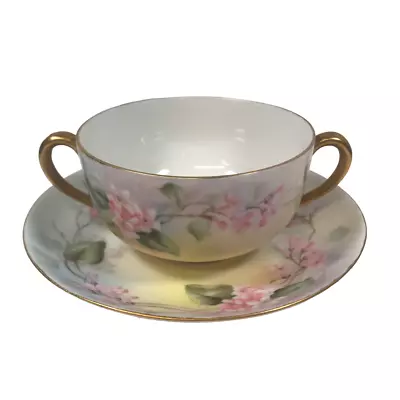 Antique T&V Limoges France Bullion Cup & Saucer Tea Floral Cherry Blossom Gilt • $33.99