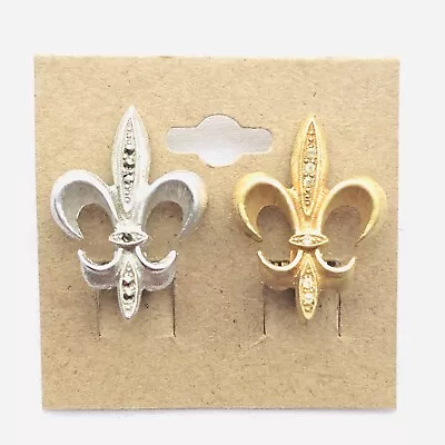 Vintage Fleur De Lis Earrings Clip On Rhinestone Bi Tone Statement Jewelry • $15