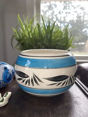 Vintage Mexico Clay Pottery Bowl / Planter White Black Blue. • $10