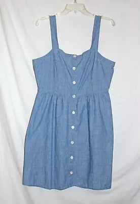 J. CREW Blue Sz 12 Cotton Chambray DRESS Spaghetti Strap Button Front Fit Flare • $19.95