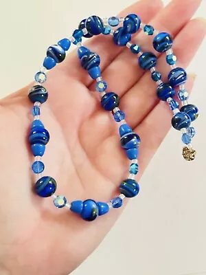 VTG Venetian Murano Art Glass Necklace Italy Beads Rare Blue End Of Day Crystal • $40