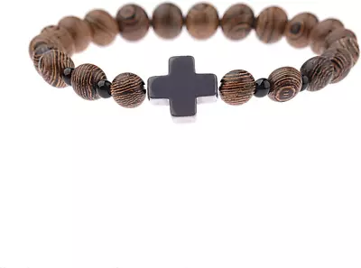 COLORFUL BLING 8MM Natural Wooden Beads Christian Prayer Cross Bracelet For Men  • $8.34