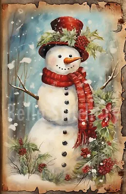 Vintage Victorian Christmas Snowman & Holly #8 Craft Sewing Cotton Fabric Block • $14.80