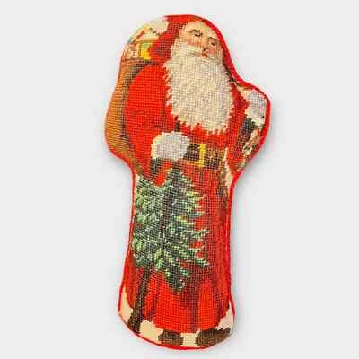 $39 • Buy VINTAGE Needlepoint Santa Christmas Throw Pillow 13” X 7” Red Velvet Back