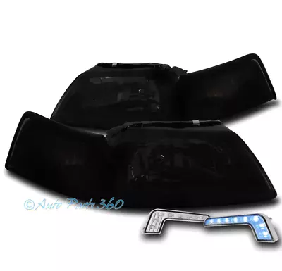 For 99-04 Ford Mustang Replacement Black/smoke Headlight Headlamp W/blue Drl Led • $107.95