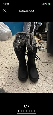 Totes Waterproof Black & White Faux Fur Zip Winter Rain Boots Zippy Women Size 5 • £19