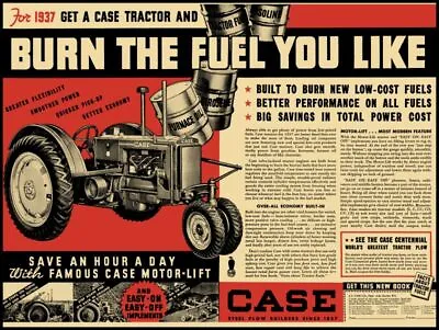 1937 J.I. Case NEW Metal Sign: Case Motor Lift Tractors - Burn The Fuel You Like • $19.88