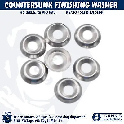 No. #6 #8 #10  M3.5 M4 M5 CUP COUNTERSUNK FINISHING WASHERS A2 STAINLESS STEEL • £3.24