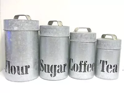 Farmhouse Set Of 4 Galvanized Metal CANISTER SET - Flour Sugar Coffee Tea • $41.95