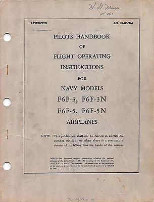 F6F Hellcat Pilots Handbook Of Flight Operating Inst's Flight Manual  (CD) • $27.95