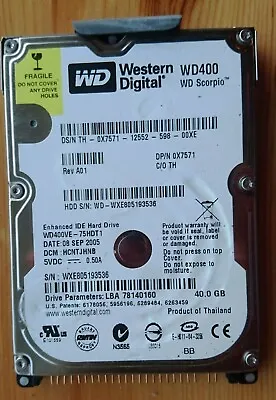 £20 • Buy WD Western Digital Scorpio WD400VE 40GB IDE PATA 2.5” 5400RPM Laptop Hard Drive