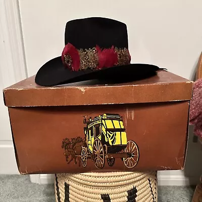 Resistol Stagecoach Vintage Black Cowboy Hat Pheasant Feathers Box • $150