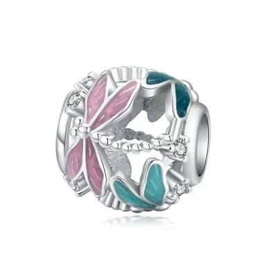 $26.99 • Buy SOLID Sterling Silver Pastel Dragonfly Meadow Pink Aqua Charm YOUnique Designs