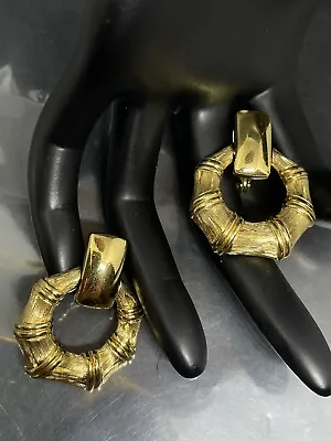 VTG Monet GoldTone Bamboo Door Knocker Clip-on Earrings Signed  1.5” 12.45g Each • $30