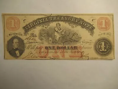 1862 Commonwealth Of Virginia Treasury $1 Note Nice Condition Obsolete Note • $45