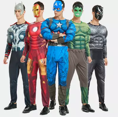 Adult Men's Superhero Costume Muscle Jumpsuit Mask Cape Marvel Cosplay Halloween • $38.14