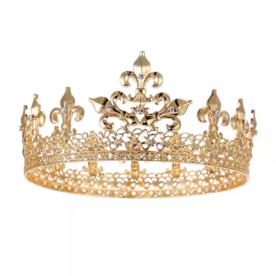 Gold Prom King Crown Full Round Crowns Cake Topper Men Party Hats • $35.95