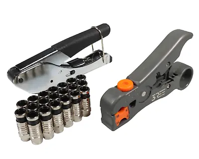 RG6 RG59 Coaxial Crimper Cutter 20x F-Type Crimp Connector Compression Tool Kit • £17.95