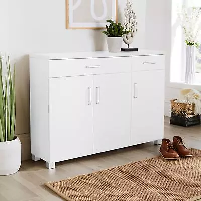 Shoe Cabinet Storage Large White Oak Wide 3 Door 2 Drawer Cupboard Shoe Tidy • £109.99