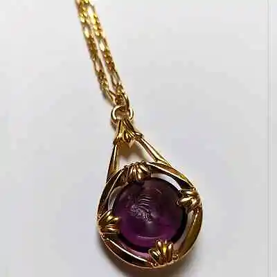 Vintage Avon Purple Amethyst Glass Intaglio Cameo Gold Tone Figaro Necklace • $29.99