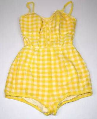 Swimsuit VTG Catalina 50s 60s Yellow Check Gingham Daisy Trim Pin Up Sz XS/S • $238.37