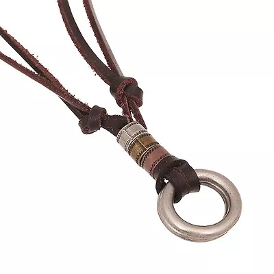 Mens Handmade Genuine Leather 2 Circles Pendant Brown Surfer Necklace • $10.34