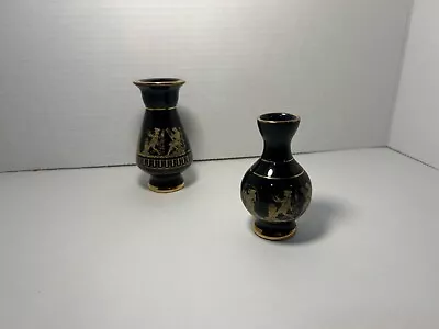 Pair Hand Made In Greece 24K Gold Black Miniature Vase • $18