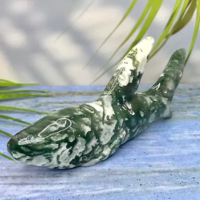 Moss Agate Shark Crystal Carving Ornament Australian Seller • $260.31